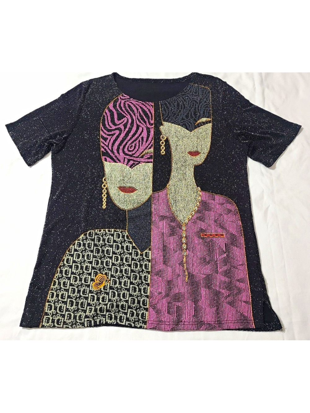 Vintage 90s Metallic Tunic Top 2X Abstract Faces Wearable Art Avant Garde Black